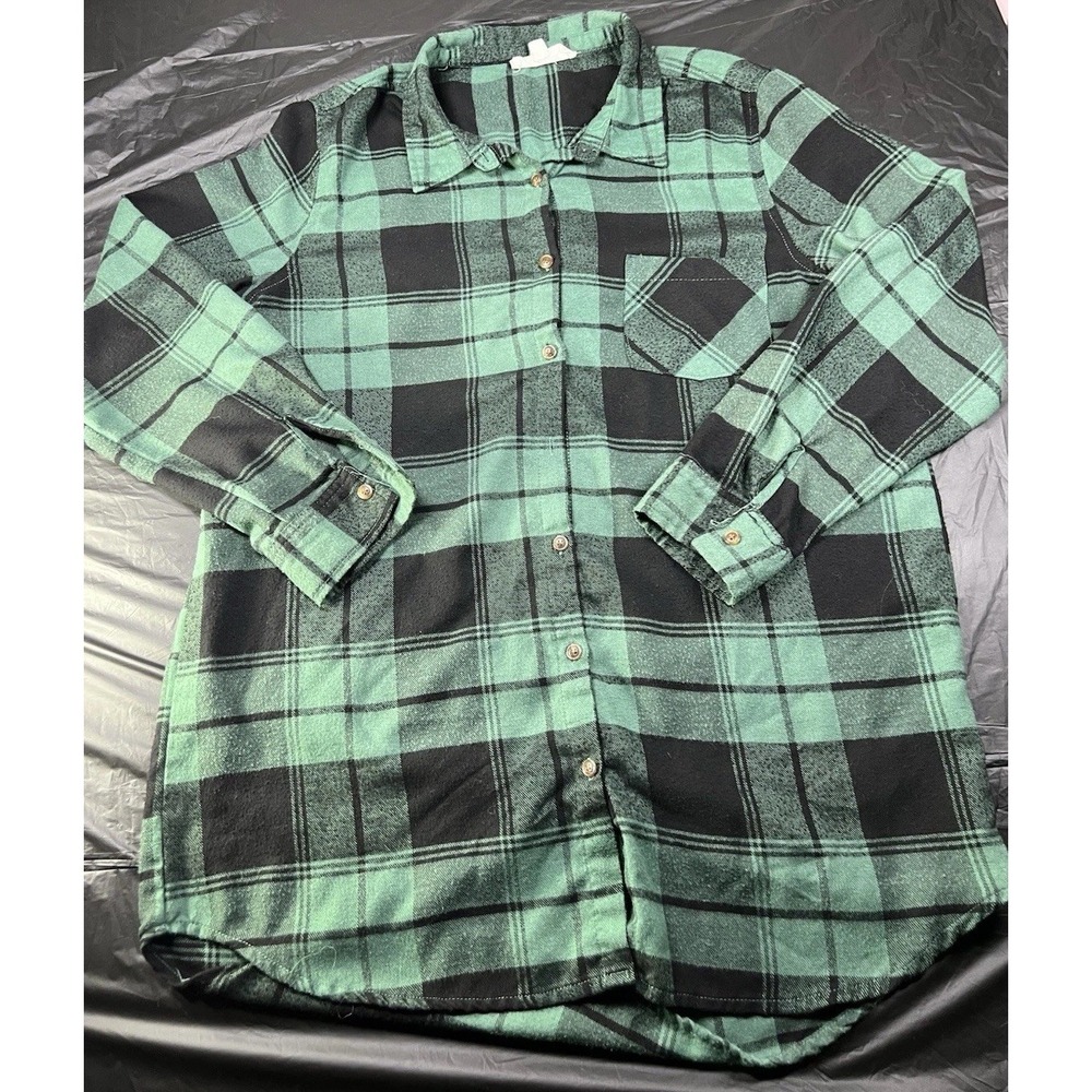 Hippie Rose Women Large Green Black Plaid Flannel Shirt Long Sleeve Button Up L